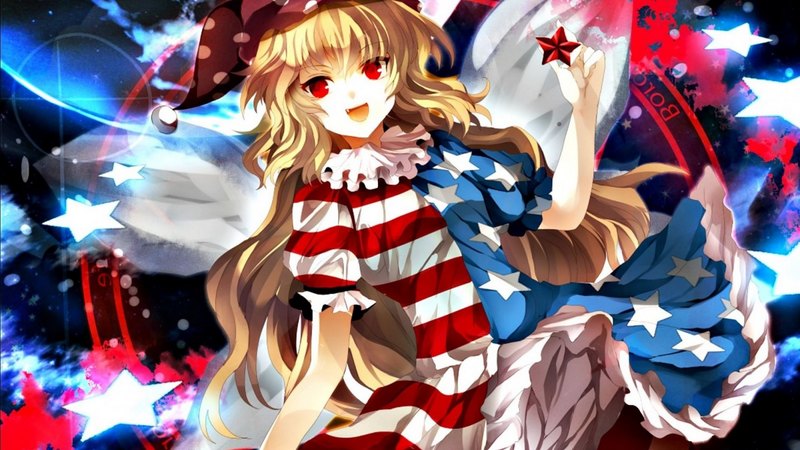 red, stars, legacy of lunatic kingdom, manga, clownpiece, flag, girl, usa, anime, pixiv, blue