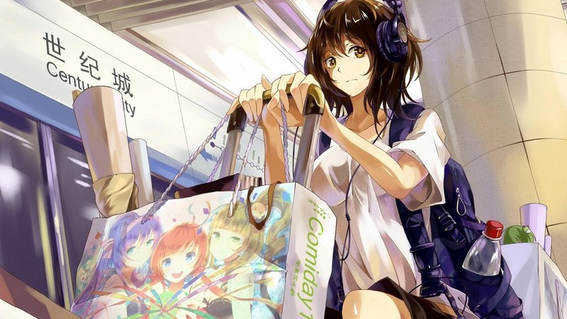 shirt, bottle, shopping, bag, headphones, cute, station, bagbrown hair, anime girl