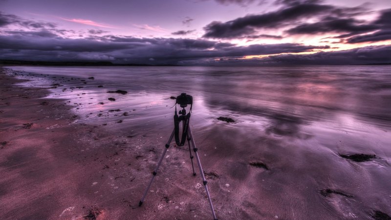 ocean, camera, sunset, ocean waves, sky, clouds, sea, ocean view, purple sunset, nature, reflection