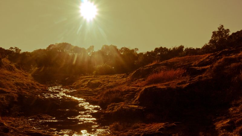 river, stream, sunset, sun, 4k