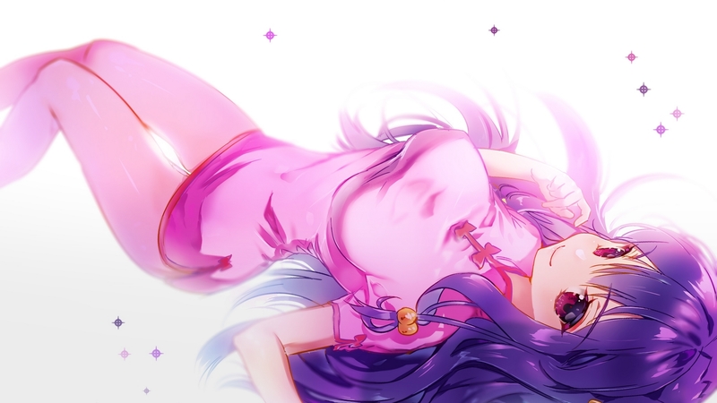 ranma, anime, shampoo, smile, big eyes, laying down, purple hair, long hair, anime girl, purple eyes, chinese dress
