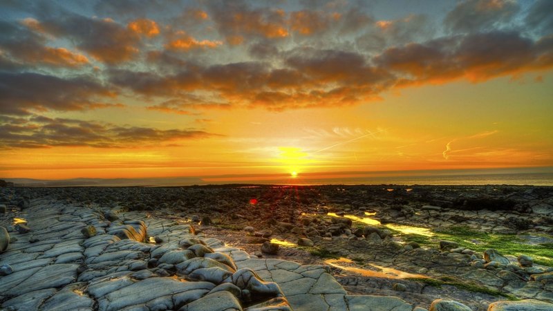 rocks, hdr, sunset, clouds, coast, sea