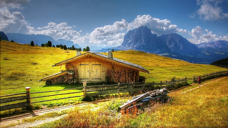 hut, house, grass, mountains, nature, clouds, log cabin, italy