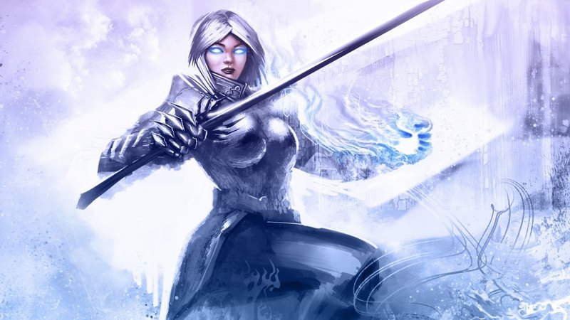 armor, fantasy, animated, female, ice, silver hair, sword
