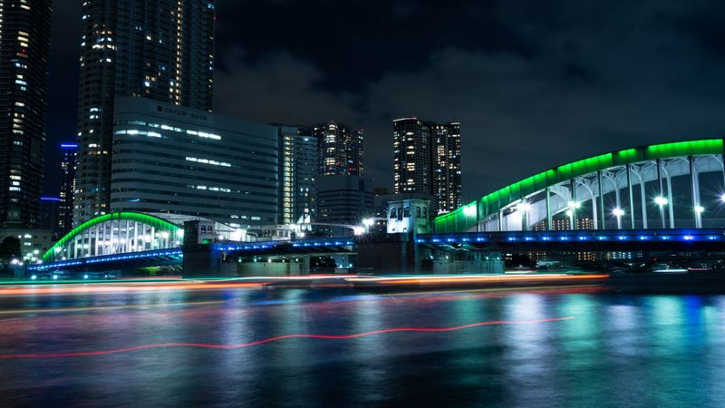 bridge, night city, illumination, city lights, tokyo, 4k