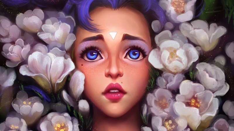 art, femeie, woman, girl, ayyasap, purple, flowers, face, blue eyes, white