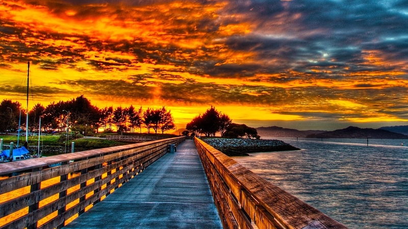 water, bridge, colors, clouds, sky