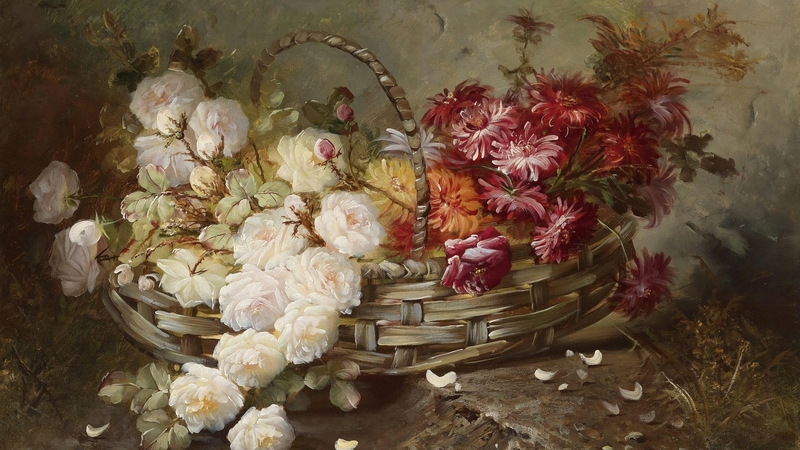 basket, art, red, white rose, painting, flower, pictura
