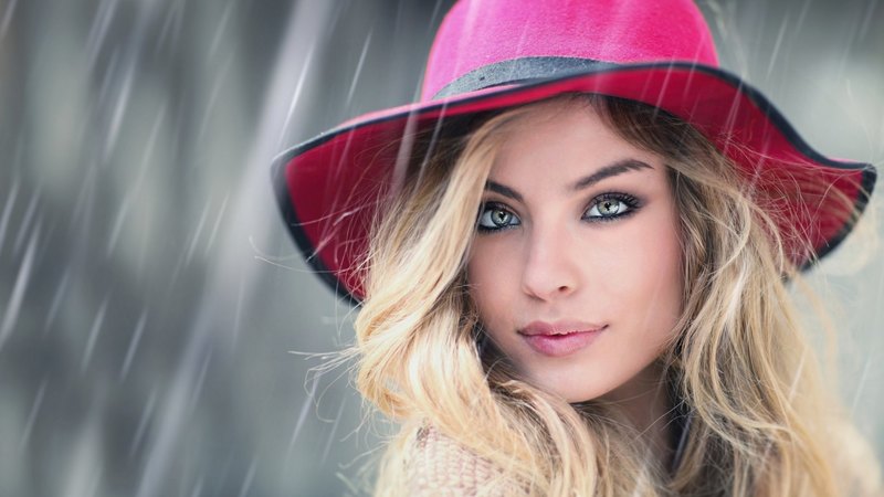 girl, model, blonde, rain, woman, pink, hat