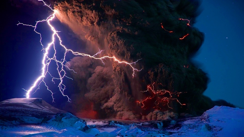 smoke, lightning, nature, volcano, night