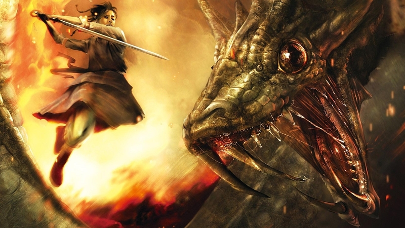 warrior, battle, girl, dragon, sword