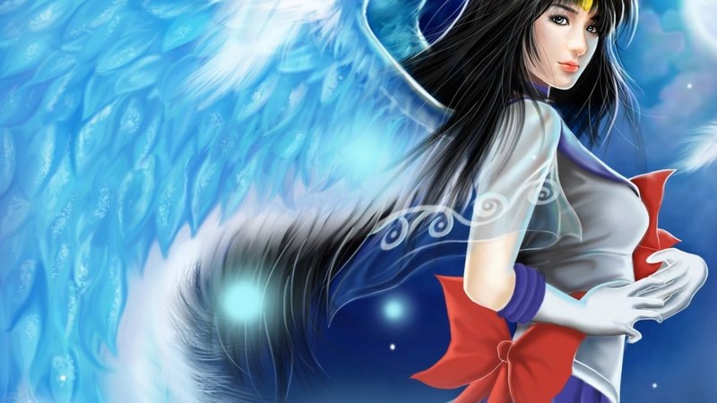 red, hotaru tomoe, art, wings, angel, manga, sailor saturn, woman, tiodpraz, brunette, fantasy, girl, feather, anime, sailor moon, blue