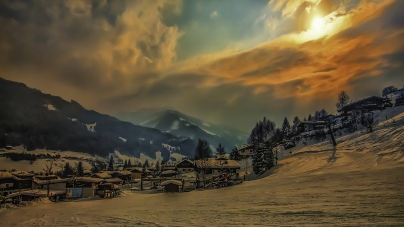 mountains, village, hdr, sunrise, clouds, winter