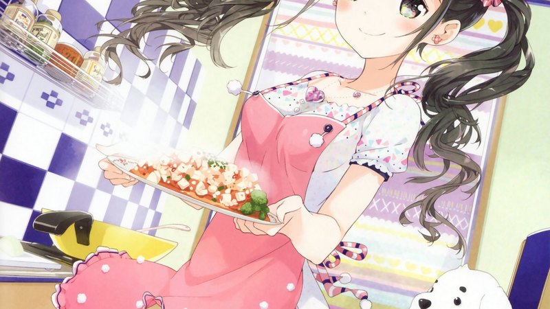 pretty, blush, home, beautiful, adorable, sweet, nice, twin tail, anime, beauty, anime girl, apron, long hair, black hair, female, lovely, twintail, food, brown hair, twintails, kitchen, cute, kawaii, girl, blushing