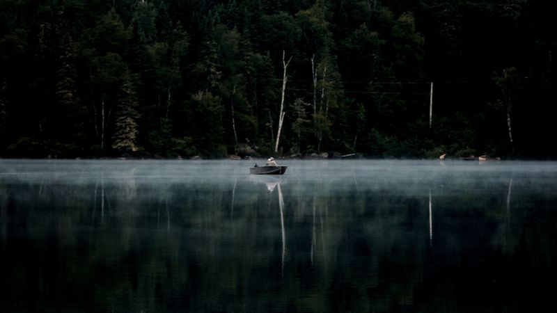 forest, fog, river, boat, 4k