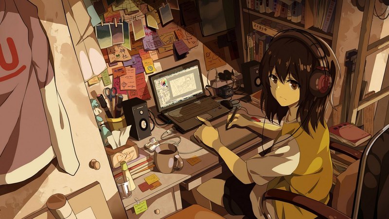 table, female, brown hair, manga, headphones, brown eyes, short hair, girl, anime, computer