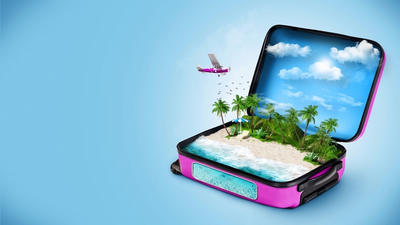 palms, beach, airplane, suitcase