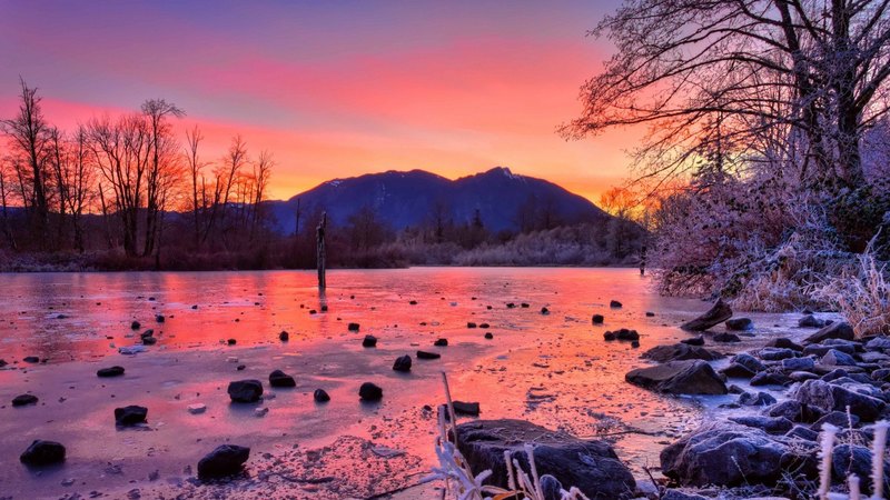 rocks, crimson, river, sunset, trees, frozen