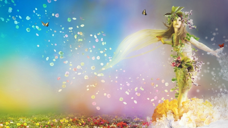 blooms, goddess of spring, goddess, colorful, flowers, butterflies
