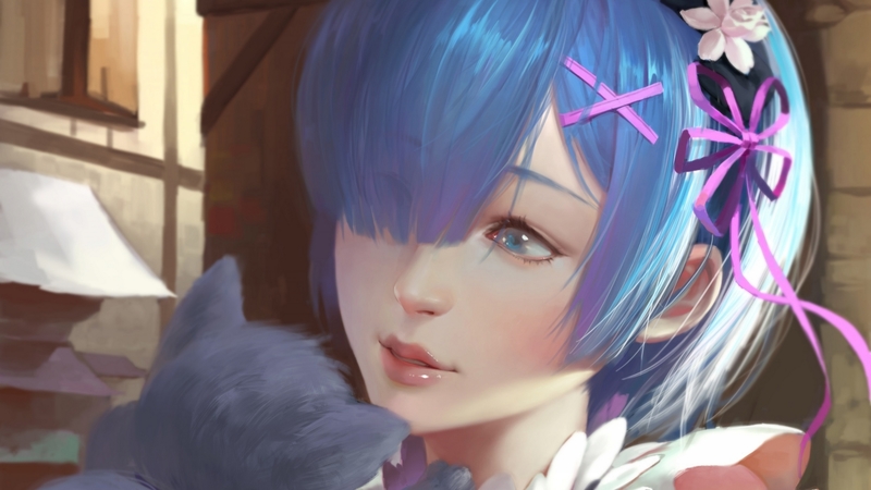 manga, rem, cat, girl, anime, face, kitten, pisica, blue