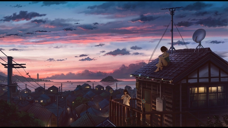 fantasy, girls, orginal, sky, scenery, night, friends, art, japanese, japan