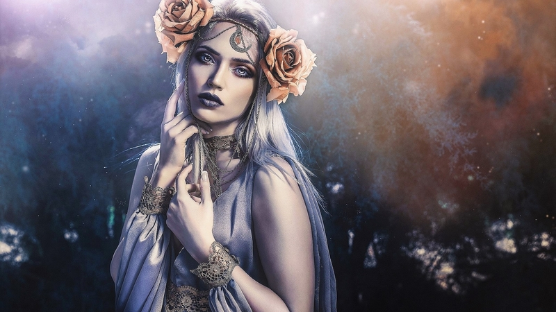 frumusete, luna, orange, rose, luminis, woman, fantasy, moon, girl, hand, beauty, rebeca saray, blue