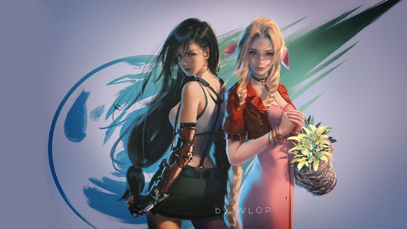 black, flower, final fantasy, art, elf, aerith, blonde, wlop, brunette, fantasy, girl, tifa
