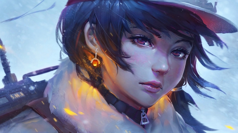 art, luminos, guweiz, manga, yellow, winter, hat, fantasy, girl, radio, anime, face, blue