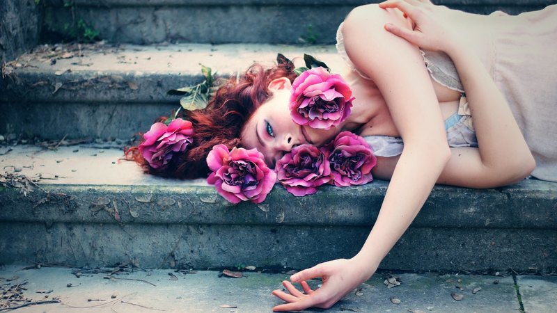 purple roses, rose, stairs, redheads, girl, dreamer, flowers, beauty, steps