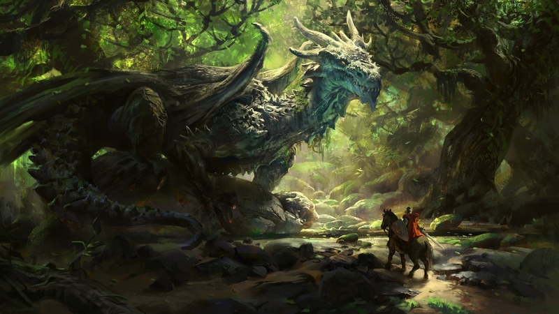 art, mike azevedo, forest, green, luminos, man, dragon, knight, fantasy