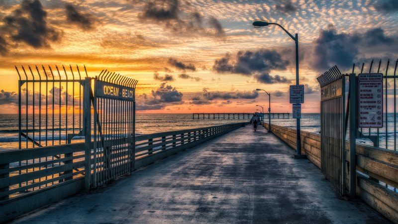 view, ocean, pier, sunset, sky, clouds, sea, splendor, nature