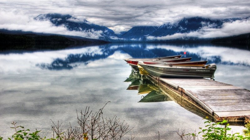boats, dock, mountains, hdr, reflections, clouds, lake