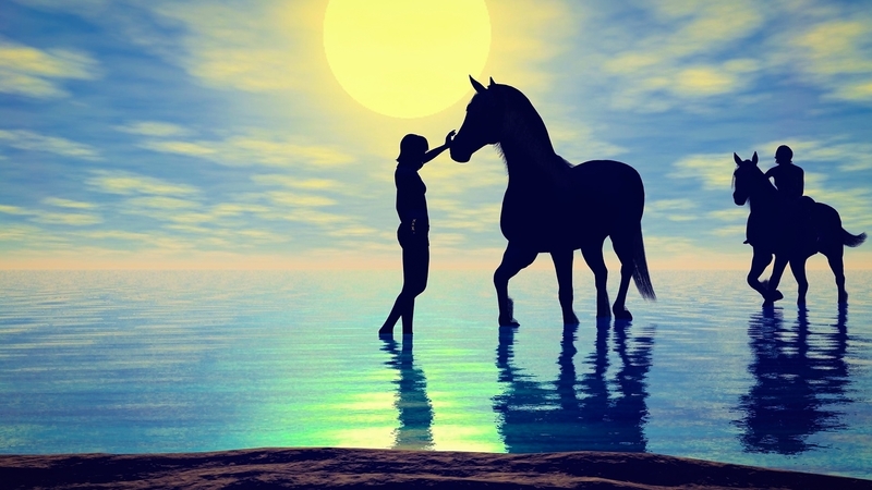 sunrise, abstract, sea, horses