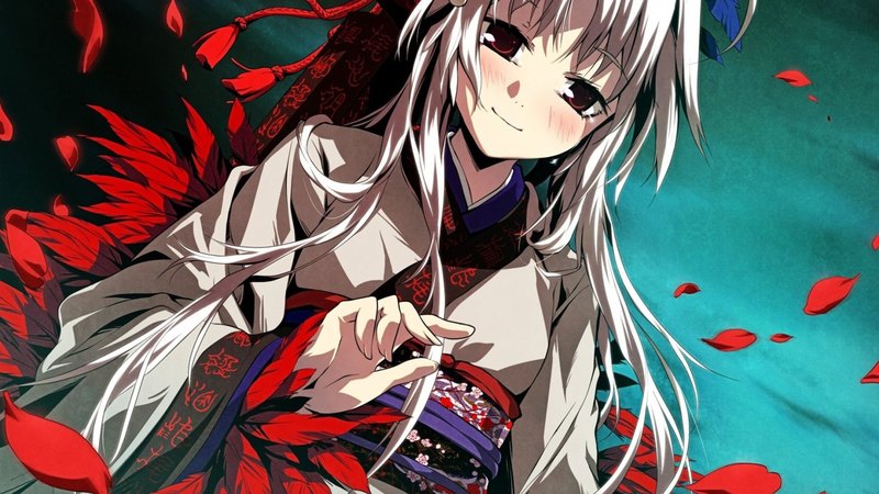 white hair, blush, smile, bow, kimono, red feathers, water, anime girl, long hair