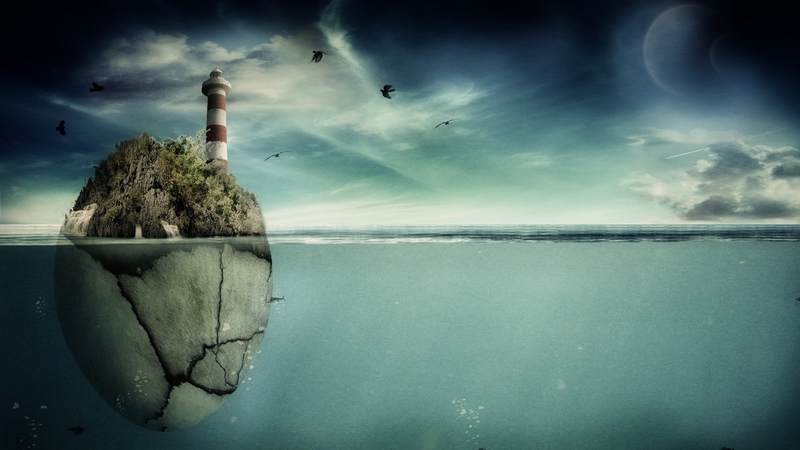 birds, island, lighthouse, ocean