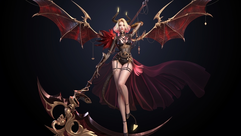 girl, bat, black, cifangyi, red, wings, frumusete, luminos, fantasy, demon