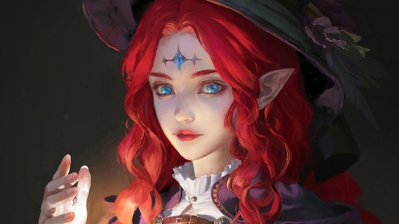 witch, art, hjat, luminos, redhead, cute, fantasy, jingyu shen, girl