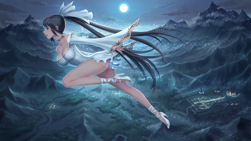 manga, sky, lua, fantasy, moon, girl, anime, white, youbou, blue