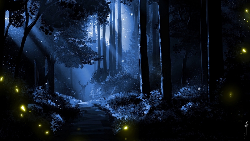 black, silhouette, blue, night, deer, forest, luminos, firefly, sava g, fantasy, tree