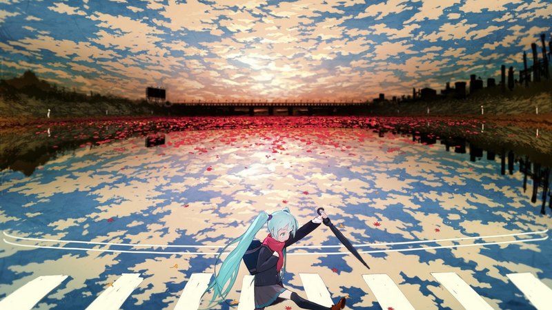 vocaloid, hatsune miku, grass, blu hair, sky, clouds, unifrom, sunn, water, walking on water, green, walking, anime girl, long hair, lanscape