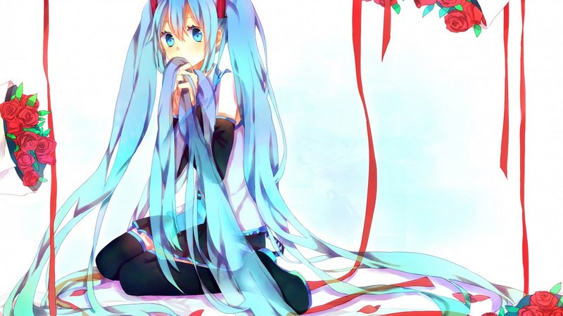 red, pretty, beautiful, ribbons, gloves, anime, flowers, beauty, long hair, art, female, lovely, black, twintails, roses, cute, girl, bouquet, blue hair, lady, white
