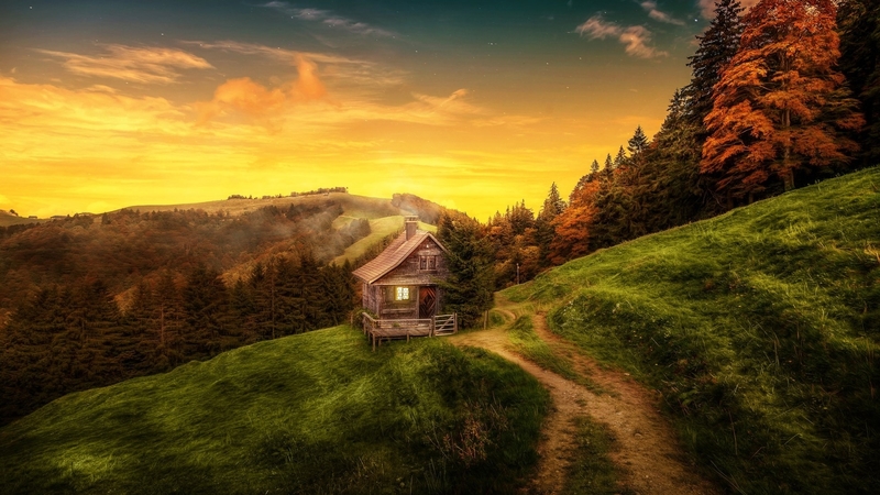 forest, house, autumn, path, nature, sky, switzerland, landscape, trees