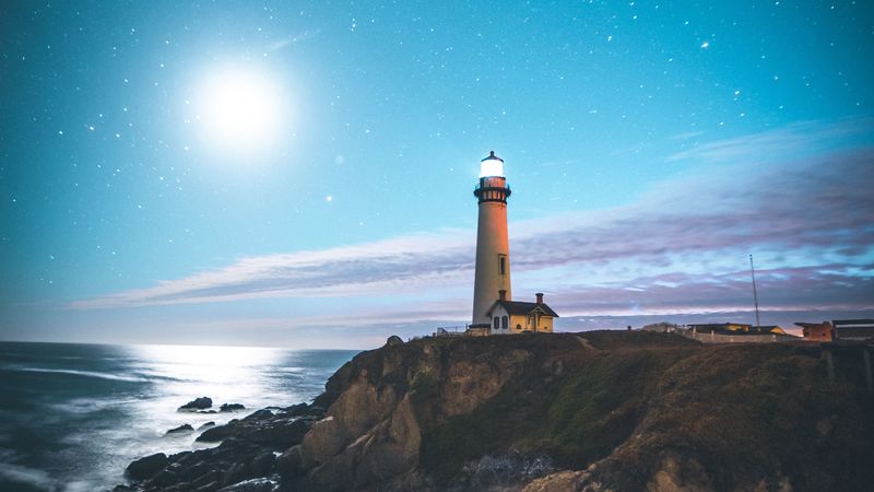 lighthouse, starry sky, shore, pescadero, united states, 4k