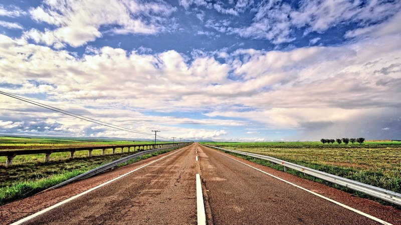 highway, straight, fields, hdr, guard rails, clouds