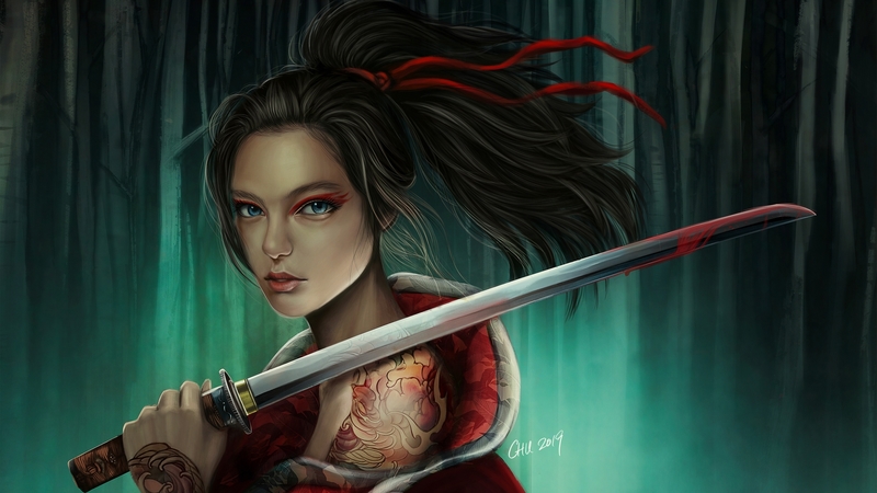 green, samurai, tattoo, blue, sword, red, vincent chu48ea, luminos, warrior, fantasy, girl