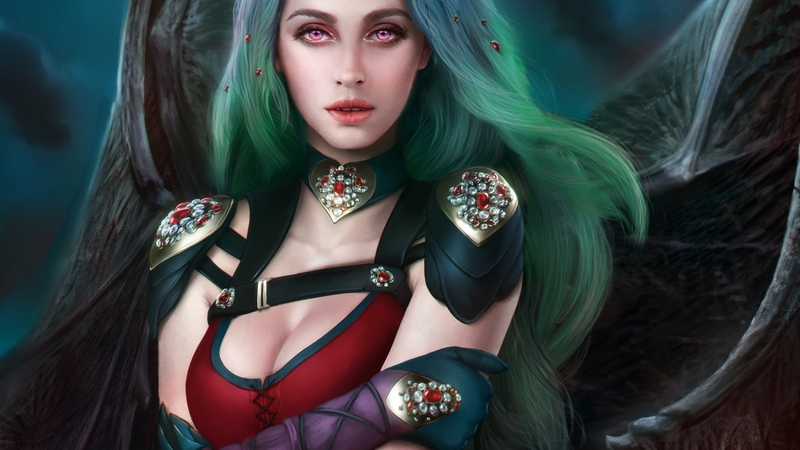 bat, lol, vampire, evelyn, red, wings, luminos, fantasy, green, amethyst eyes, eyes, pink