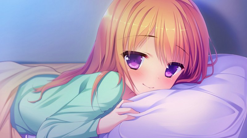 pretty, blond, hd, cg, bedroom, adorable, bed, sweet, nice, anime, anime girl, purple eyes, long hair, pillow, female, lovely, blonde, blonde hair, blond hair, cute, kawaii, girl, lay, laying