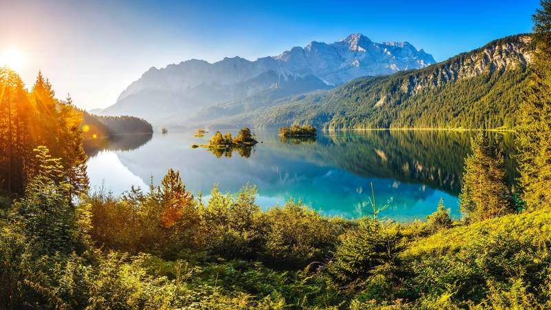 autumn, view, beautiful, sky, lake, mountain, serenity, rays, sunrise, morning, island, reflection, tranquility