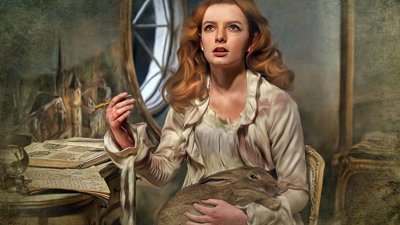 art, luminos, movie, a blue richards, the secret of moonacre, dakota blue richards, paiting, girl, actress, bunny, ray guselli, pictura, princess