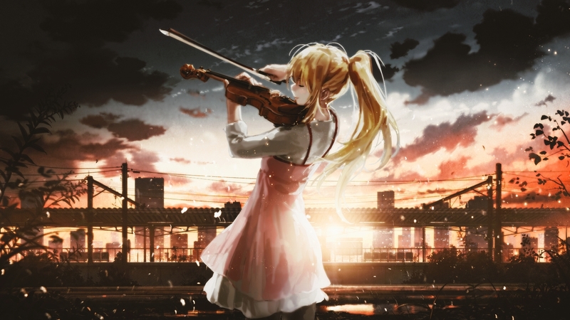dawn, violin, anime girl, landscape